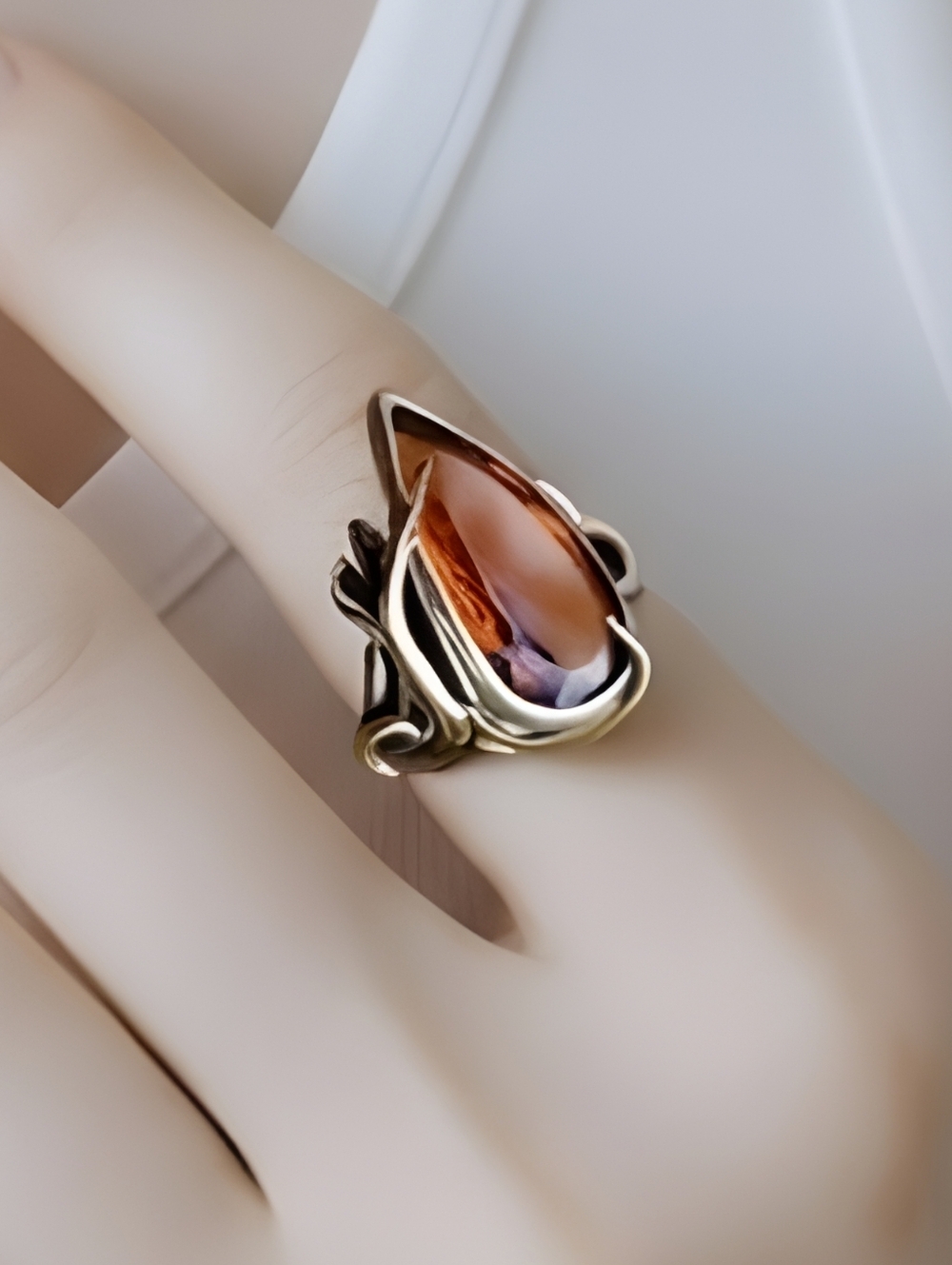 Artisan Silver Ring with Orange Crystal Stone Size 6